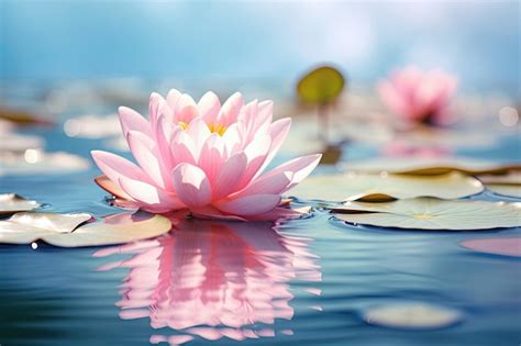 Pink Lotus Flower On Floating Lily Pads Premium Ai Generated Image