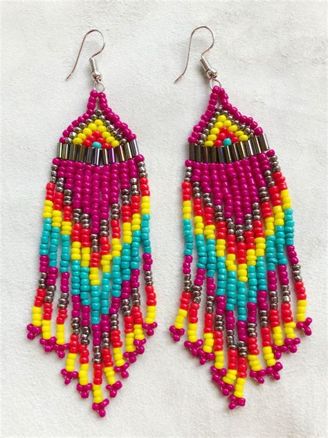 Native American Beadwork Beaded Earrings Dark Pink Native | Etsy