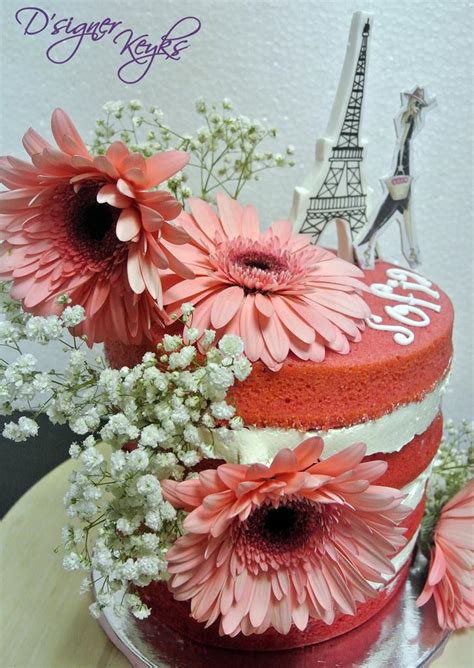 Naked Cake With Fresh Pink Sunflower Cake By Phey Cakesdecor