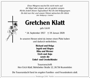 Traueranzeigen Von Gretchen Klatt Ok Trauer De