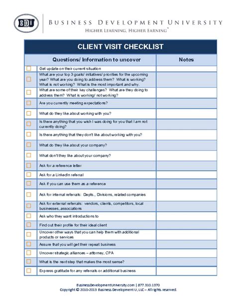 BDU Client Visit Checklist BUSINESS DEVELOPMENT UNIVERSITY