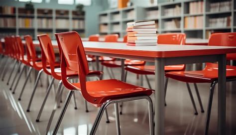 Aula Con Sillas Naranjas Y El Libro En Los Escritorios Vista Frontal De