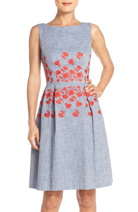 Maggy London Embroidered Chambray Fit And Flare Dress Nordstrom Fit