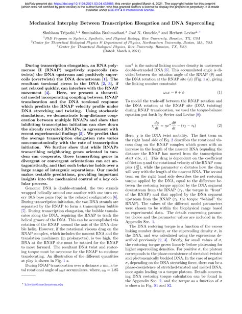 Pdf Mechanical Interplay Between Transcription Elongation And Dna