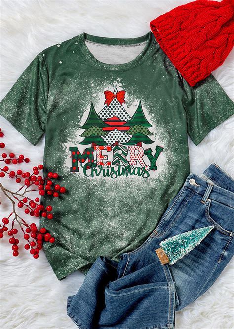 Damen Tops T Shirts Merry Christmas Tree Bleached T Shirt Tee