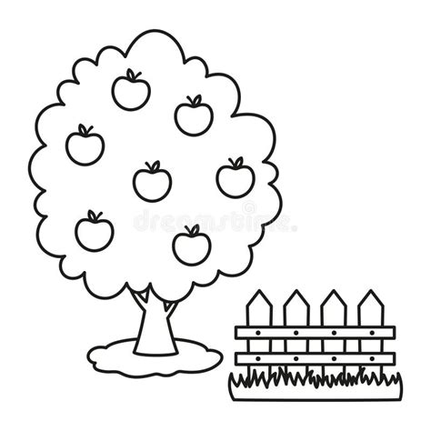 Outline Apple Tree and Fence Stock Vector - Illustration of vertical ...