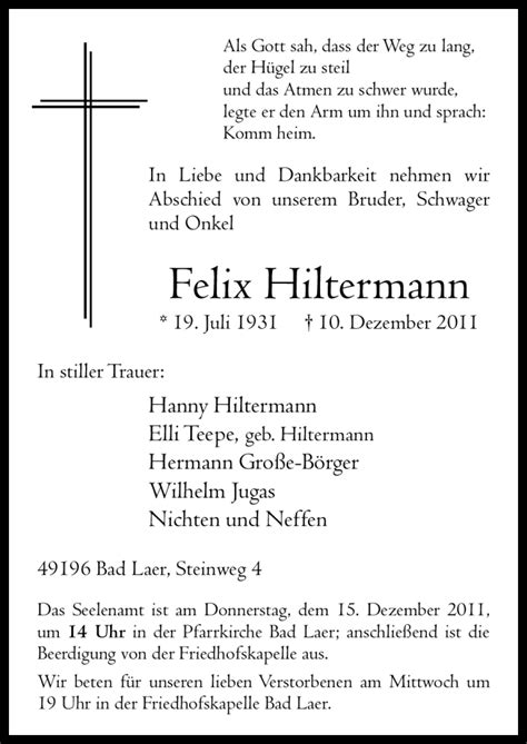 Traueranzeigen Von Felix Hiltermann Noz Trauerportal