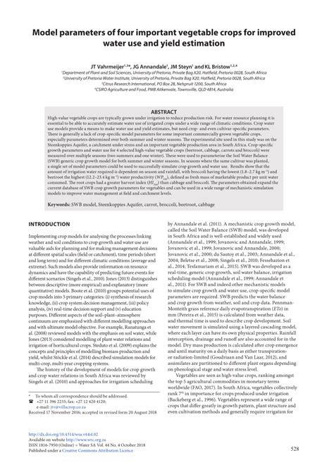 Pdf Model Parameters Of Four Important Vegetable Crops For Improved