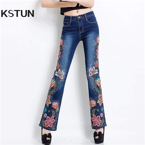 Women Embroidered Beaded Jeans Rhinestone Bell Bottom Flared Pants