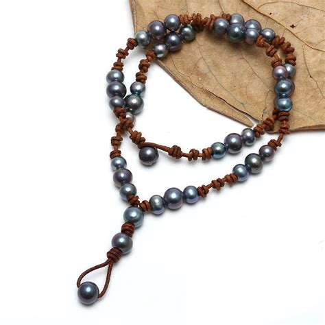 Aobei Pearl Handmade Necklace Made Of Black Freshwater Pearl And Genuine Leather Cord Pearl