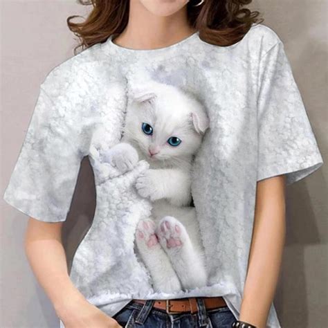 Kad Nlar I In Yaz T Shirt D Sevimli Kedi Moda Bask T Shirt Bayan