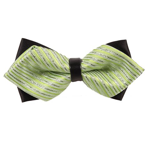 Mens Thin Stripes Mint Green Silver Diamond Tip Bow Tie