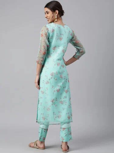 Janasya Womens Sea Green Organza Floral Print Kurta With Pant