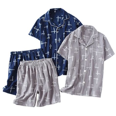 Summer Breathable Sleepwear Men Pajama Comfortable Cotton Pyjama Homme 2 Piece Pajamas Suit