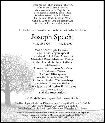 Traueranzeigen Von Joseph Specht Noz Trauerportal