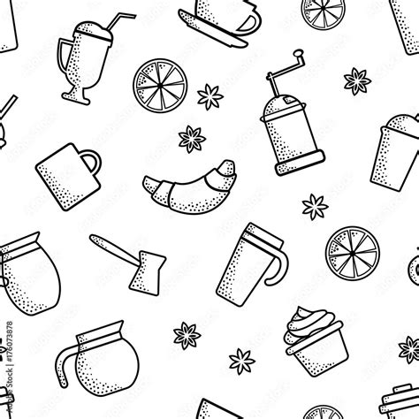 Seamless Pattern On Coffee Theme Outline Design Black Objects On