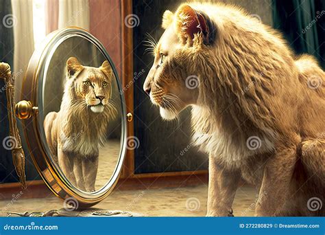 Cat Seeing Himself In Mirror As Wild Lion Stock Image Image Of Wild