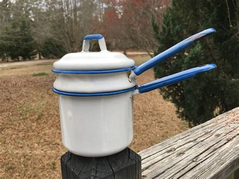 White And Blue Enamelware Double Boiler Primitive White Enamel Pot