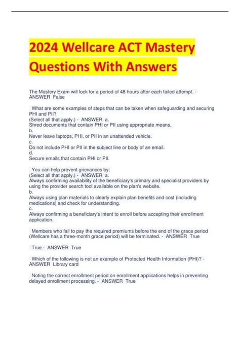 Wellcare Act Mastery Questions With Answers Wellcare Act Mastery