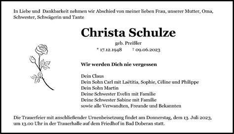 Traueranzeigen Von Christa Schulze Trauer Anzeigen De