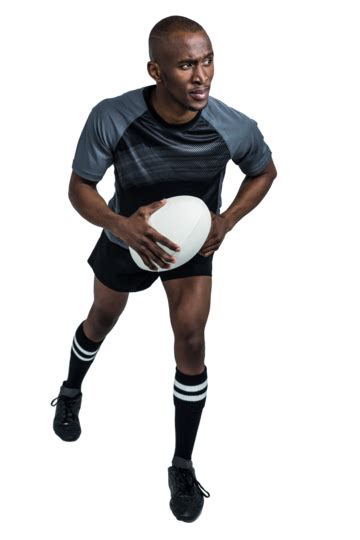 Confident Rugby Player Running While Holding Ball Sportsman Looking