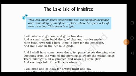 Ncert Class Th Beehive The Lake Isle Of Innisfree Poem English