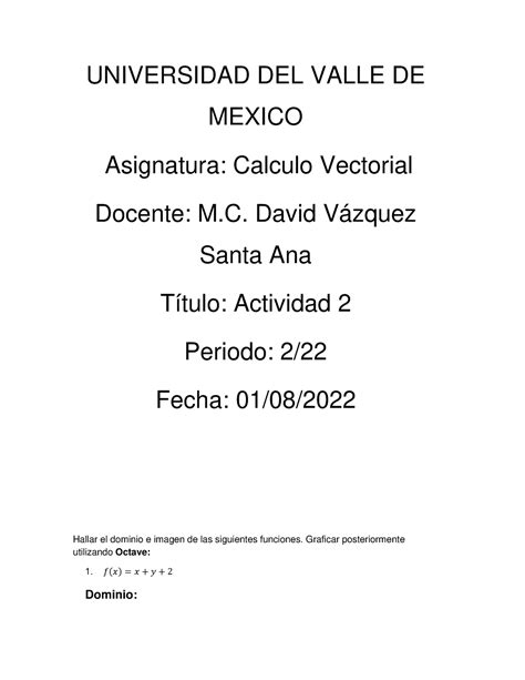 A Calculo Vectorial Universidad Del Valle De Mexico Asignatura