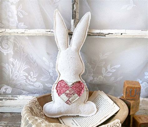 Vintage Grain Sack Easter Bunny With Pink Heart Farmhouse Easter Bunny