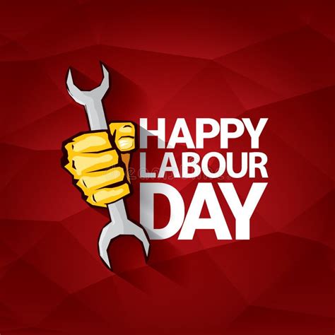 Happy Labour Day Vector Label With Strong Orange Fist On Red Background