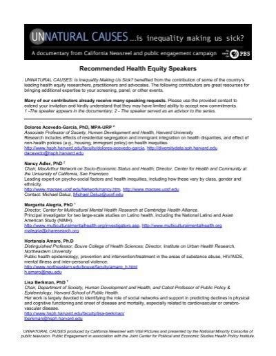 Health Equity Speakers List Pdf Unnatural Causes