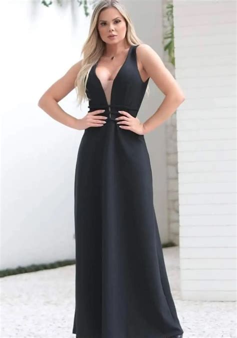 Vestido Longo Decote V Tule Preto Victorias Fashion Store Loja