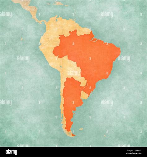 Brazil and Argentina on the map of South America in soft grunge and ...