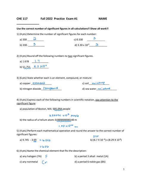 Fall Che Practice Exam I Che Fall Practice Exam