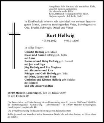 Traueranzeigen Von Kurt Hellwig Trauer In NRW De