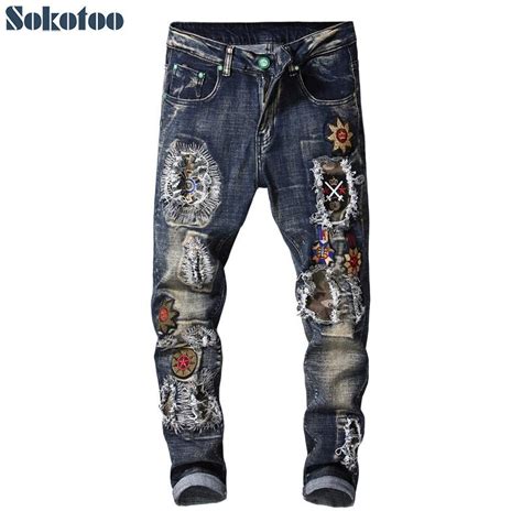 Sokotoo Men S Fashion Badge Patches Embroidery Ripped Jeans Holes