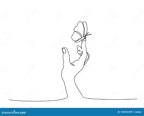 Hand With Butterfly On Finger Continuous One Line Art Stock Vector