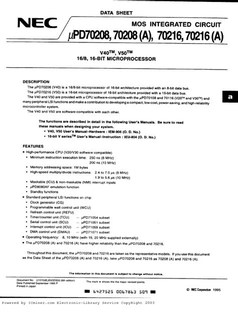 Upd70216a Nec Microprocessor Hoja De Datos Ficha Técnica