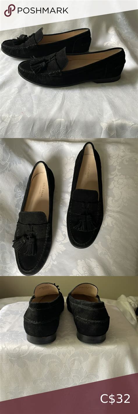 Cole Haan Black Suede Loafers Man Made Sole With Rubber Added To Heel