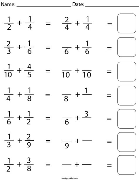 Adding Unlike Fractions Math Worksheet Twisty Noodle Worksheets Library