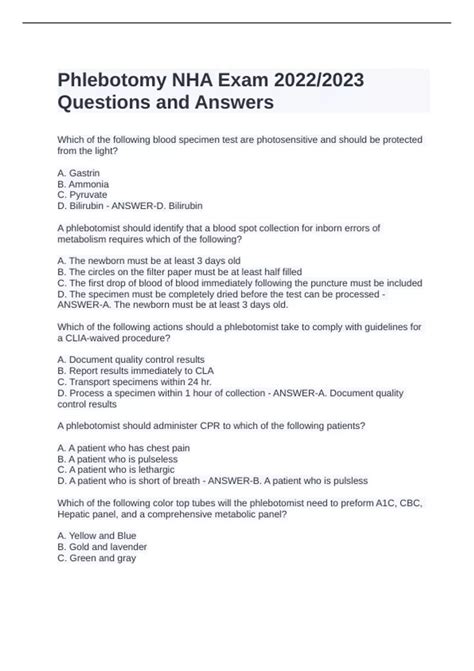 Phlebotomy Nha Exam 20222023 Questions And Answers Phlebotomy Nha