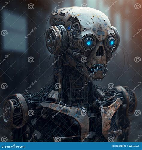 Ai Generated Illustration Of A Futuristic Scary Robot Against A Dark