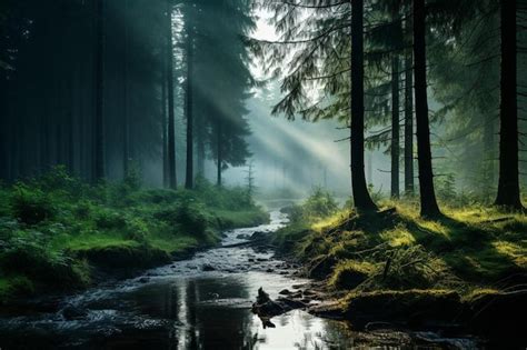 premium photo  forest  fog   stream   background