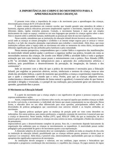 Pdf A Import Ncia Do Corpo E Do Movimento Para A Import Ncia Do