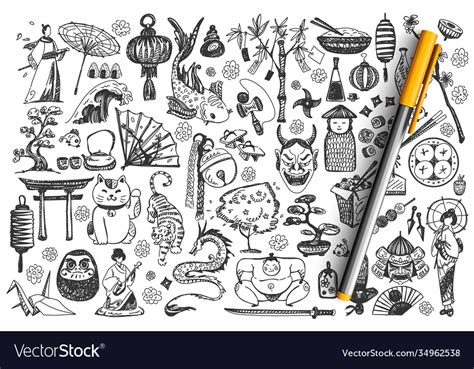 Japan Hand Drawn Doodle Set Royalty Free Vector Image