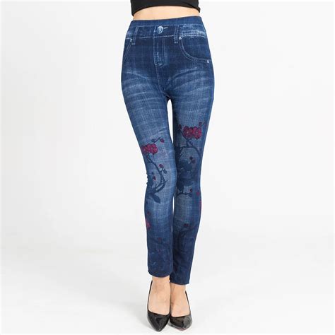 Faux Denim Jeans Leggings Flower Print Leggings Women Imitation Jean