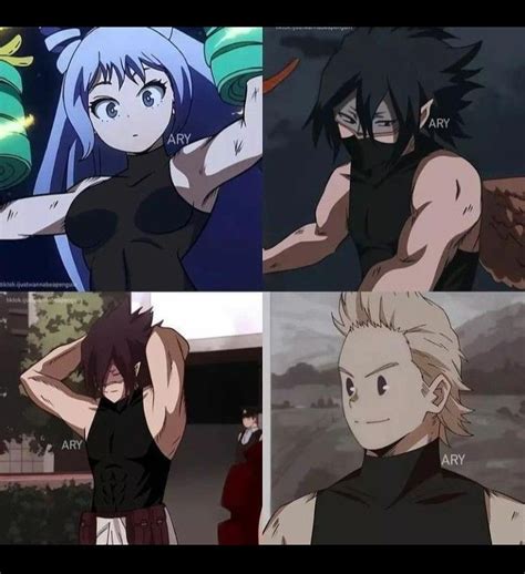 Four Different Anime Characters With Their Arms Behind Them