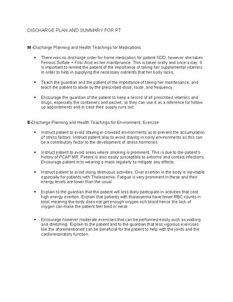 Discharge Planning Fff Discharge Plan And Summary For Pt M Discharge Planning And Health