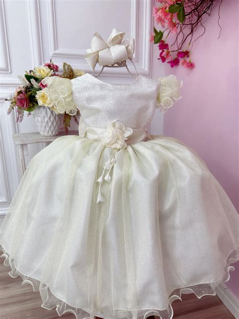 Vestido Infantil Marfim Glitter E Broche De Flor Luxo Rosa