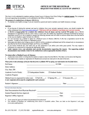 Fillable Online Utica OFFICE OF THE REGISTRAR REQUEST FOR MEDICAL LEAVE