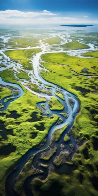 Premium Photo Aerial View Of Green Marshy Land And River Bold Lines